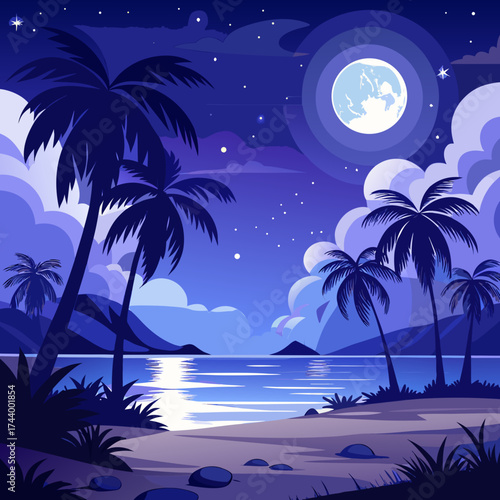 Magical tropical beach night scene vector illustration palm trees moonlit ocean calm serene