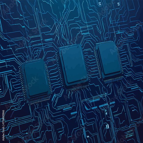 Close-up view of three integrated circuits on a blue motherboard