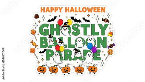 Ghostly Balloon Parade: A whimsical illustration captures the essence of Halloween, featuring playful ghosts, vibrant balloons, and jack-o'-lanterns in a festive procession. 