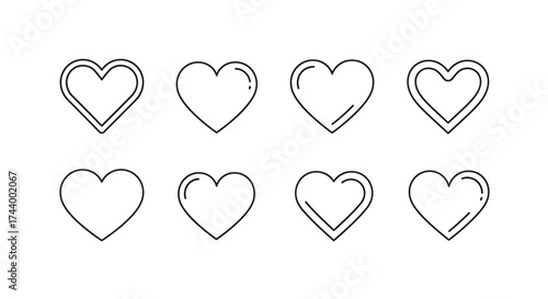Collection of eight hand-drawn hearts for romantic designs and valentine's day graphics vector