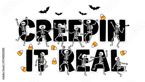 Creepin' It Real: Spooky skeletons bring Halloween charm with a playful twist, embodying the spirit of the season with their lively dance and delightful candy corn accents. 