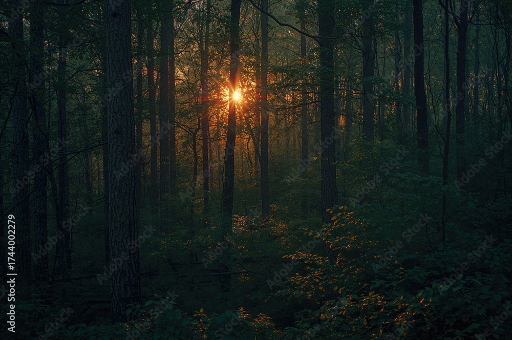 Fototapeta premium Morning light streaming through woodland trees in a romantic atmosphere