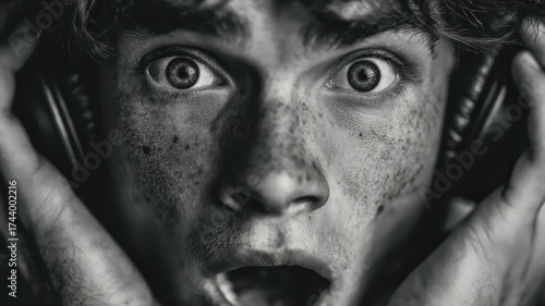Intense Young Man in Headphones Showing Shock and Surprise Emotion