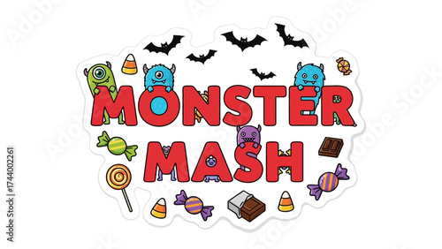 Monster Mash: A vibrant and playful illustration celebrating Halloween with a delightful assortment of candies and spooky monsters, showcasing the fun and festive spirit of the season.