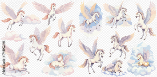 Watercolor illustration of pegasus horses in various poses, some with clouds.
