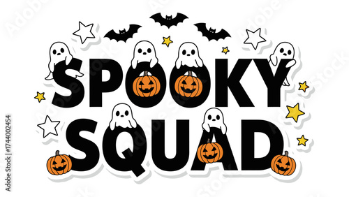 Spooky Squad: A collection of adorable, friendly ghosts and pumpkins with bats and stars in a friendly graphic celebrating Halloween season. 