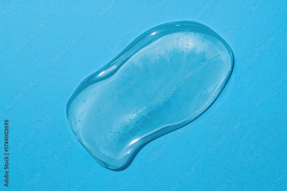 Fototapeta premium Transparent cosmetic serum gel displayed on a blue surface.