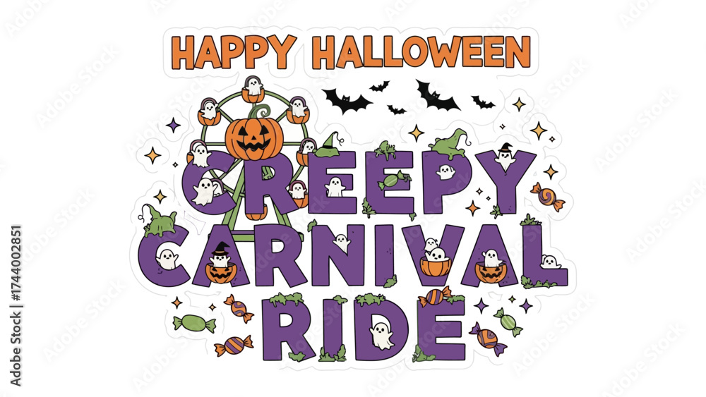 Naklejka premium Spooky Carnival Adventure: A whimsical and eerie graphic illustration, blending the festive spirit of Halloween with a carnival setting, promising a fun yet creepy ride.