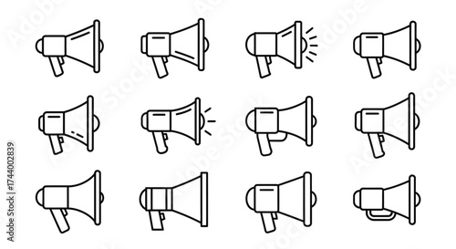 Collection of hand drawn megaphone icons showing sound waves for announcement and promotion vector