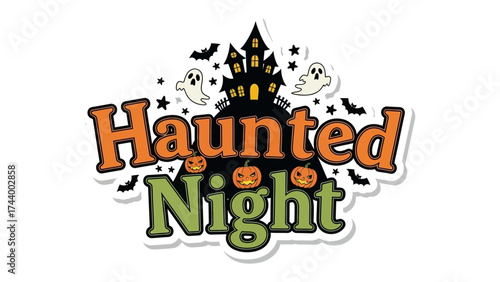 Haunted Night: A spooky illustration of a haunted house, bats, ghosts, and pumpkins on a backdrop evoking the spirit of Halloween. 