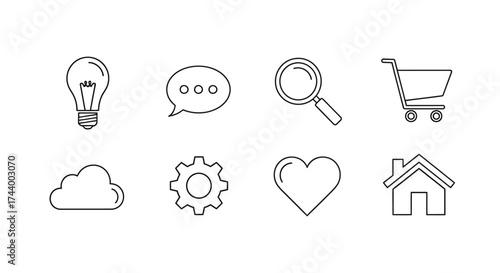 Set of eight hand drawn line art icons for web and mobile apps minimalist style vector