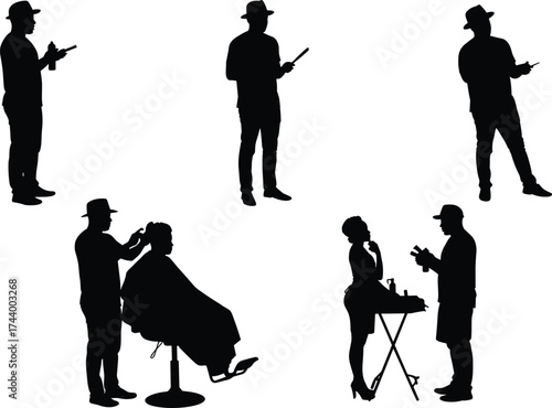 Beauty salon silhouettes, hairstylist vector illustration, makeup artist artwork, grooming design graphic, people interaction poses, fashion concept art, cad drawing flat vector