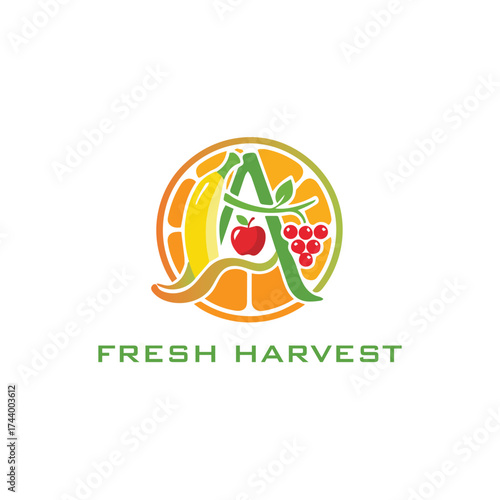 Modern Fruit Harvest Vector Logo Template with Initial Letter A and Mixed Fruits