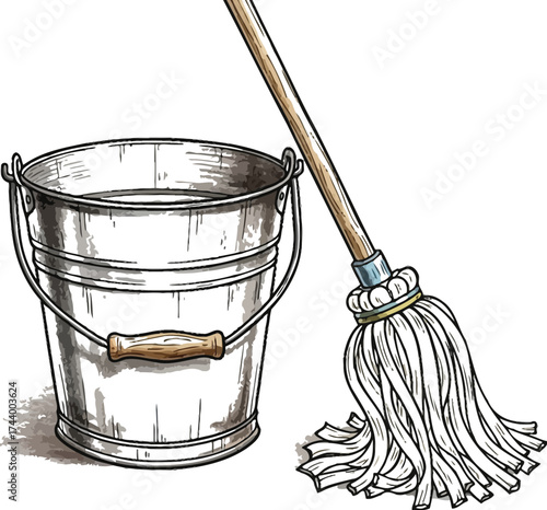 Classic metal bucket and mop ready for spring cleaning projects now