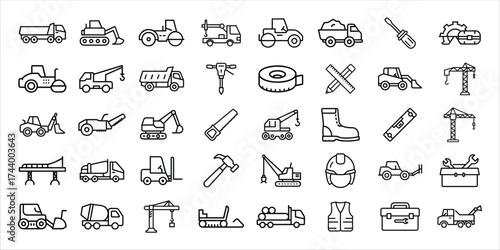 Collection of hand drawn construction equipment and tools icons set