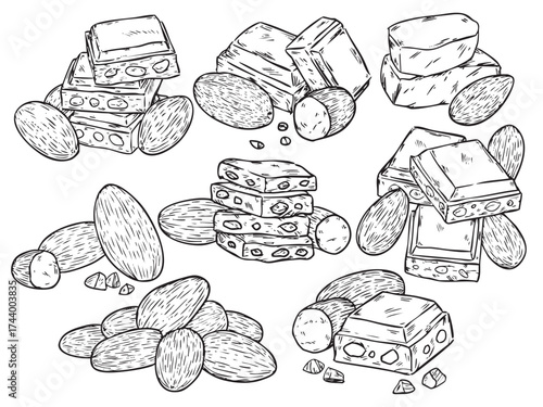 St of isolated hand drawn chocolate and almond outline drawing illustration