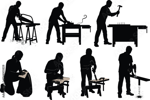 Carpenter silhouettes, woodworking tools, hand saw cutting, planing wood, hammering nails, sanding surface