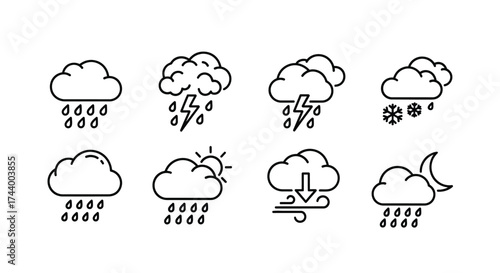Collection of hand-drawn weather icons featuring clouds rain thunder snow sun wind and moon elements vector