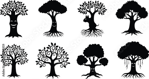 Anthropomorphic tree silhouettes, whimsical forest characters, creative face trunks, fantasy botanical art, decorative nature icons, imaginative foliage patterns, playful vector illustration set