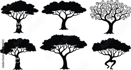 Anthropomorphic tree silhouettes, whimsical forest characters, expressive trunk designs, fantasy botanical art, decorative nature icons, imaginative foliage patterns, creative vector illustration set