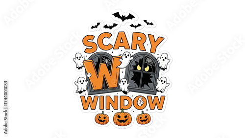 Spooky Window Sticker: A frightful graphic design featuring a 'scary window' with Halloween elements, creating a thrilling scene for the spooky season. 