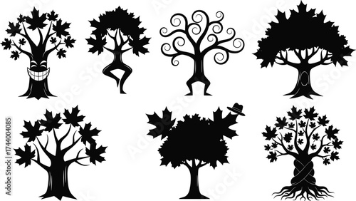 Anthropomorphic tree silhouettes, whimsical forest characters, yoga pose trunks, fantasy botanical art, decorative nature icons, imaginative foliage patterns, creative vector illustration set