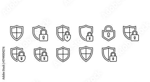 Collection of shield and padlock icons representing security protection and data privacy vector