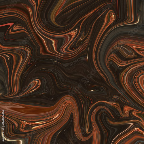 Dark fluid abstract artwork with metallic copper tones swirling together, creating a luxurious and mysterious marble texture aesthetic.