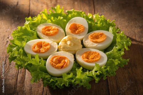 Half-boiled chicken eggs wi...