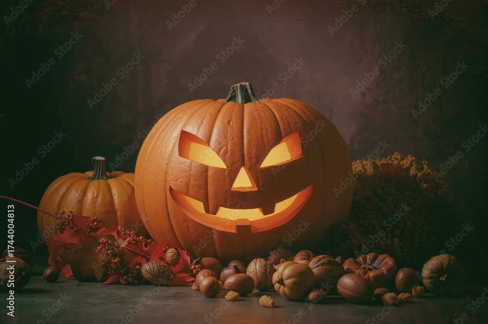 Fototapeta premium Eerie setting featuring a carved pumpkin