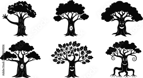 Cartoon tree silhouettes, whimsical face trunks, anthropomorphic forest characters, playful botanical art, decorative nature icons, fantasy foliage patterns, creative vector illustration set