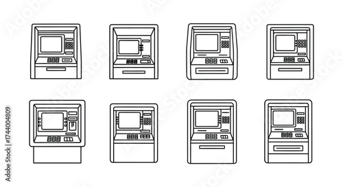 Set of atm machines various angles and designs simple line art style vector