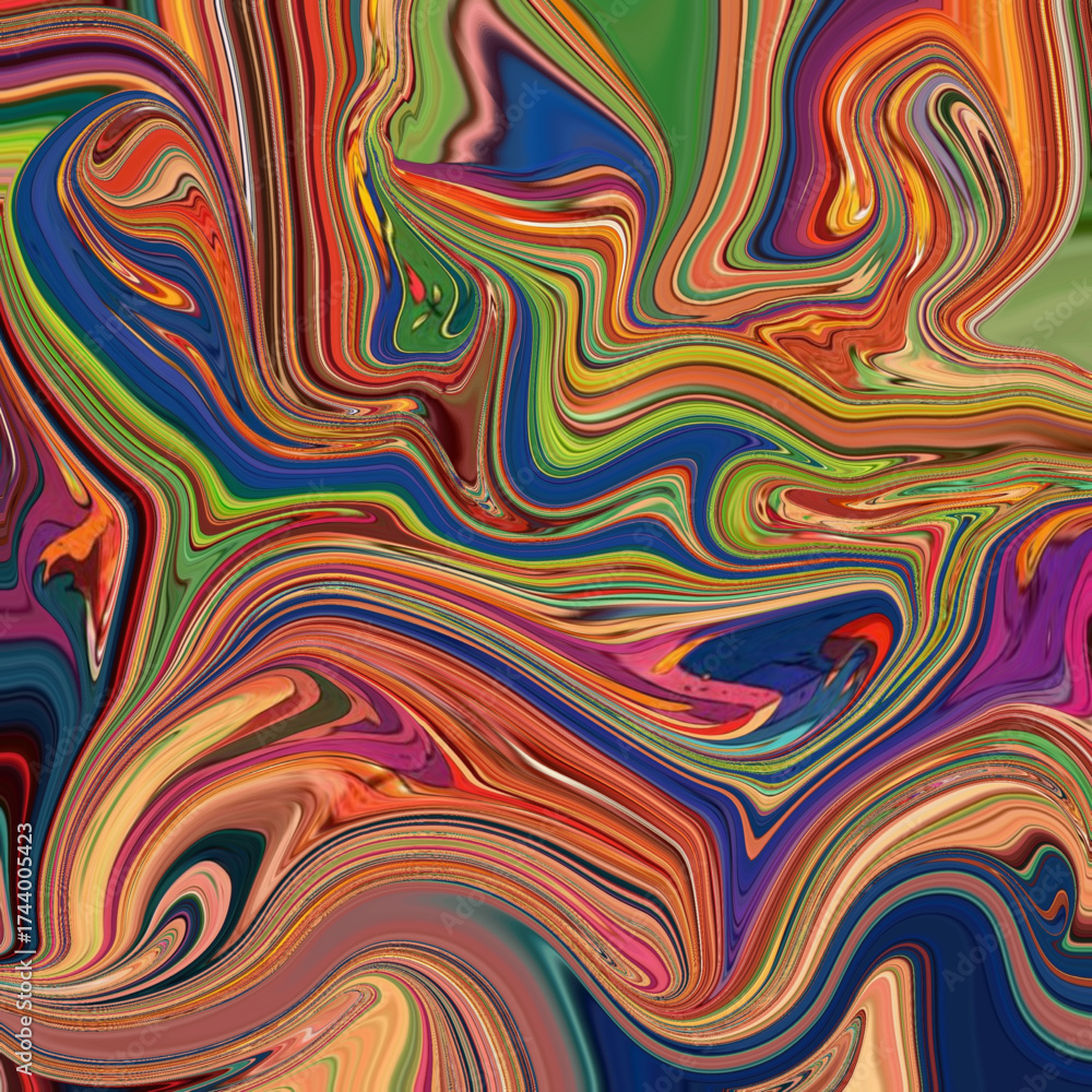 Vivid fluid abstract swirl with rainbow colors blending in dynamic waves of energy and movement, creating a colorful and modern visual masterpiece.