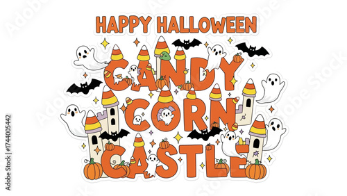 Candy Corn Castle: A whimsical Halloween scene showcasing candy corn towers, playful ghosts, and joyful bats, creating a festive and sweet spectacle for the holiday.
