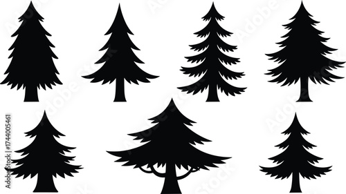 Evergreen tree silhouettes, pine and fir icons, stylized conifer forest patterns, decorative botanical vector, black nature illustration, seasonal holiday artwork set