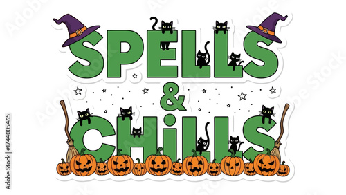 Spells & Chills: Spells & Chills, showcasing Halloween fun with a playful witch hat, cute black cats, pumpkin patch and witch broom, conjuring the spirit of Halloween.