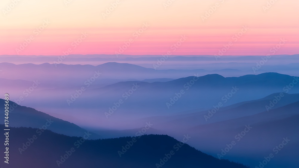 Fototapeta premium Misty mountain range at sunset with pink and blue sky