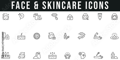 Face and Skincare line icon set covers cosmetics, lotion, moisturizer, wellness, sunscreen, facial  dermatology, and beauty treatments. Simple vectors with editable strokes clean and minimal design.