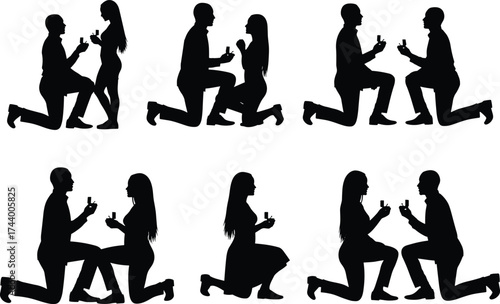 Couple proposal silhouettes, romantic kneeling poses, engagement ring box, marriage moment, love illustration, vector art, emotional reaction, wedding concept design
