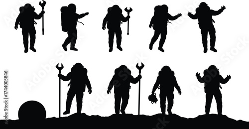 Astronauts black silhouette vector illustration featuring space exploration, cosmic mission, moon walking, futuristic astronaut poses, and science fiction adventure design