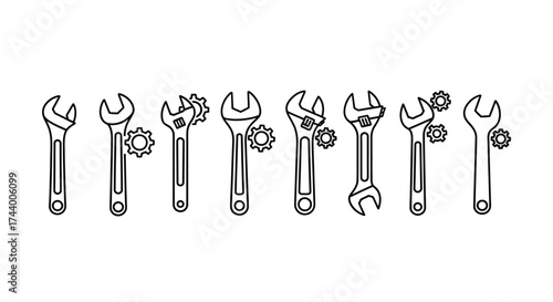 Collection of adjustable wrenches and gears representing mechanical engineering and tools for repair vector