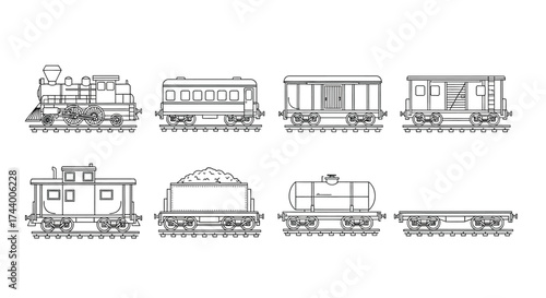 Set of freight and passenger train cars and locomotive detailed outline drawings vector