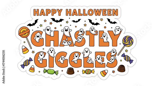Halloween Greetings: A whimsical illustration with a Halloween theme, featuring Ghastly Giggles and Happy Halloween text, playful ghosts, and Halloween candies and decorations.