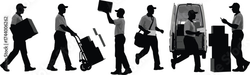 Delivery worker silhouettes, package logistics vector, courier carrying box, pushing hand truck, scanning parcel, delivery van loading, shipping service illustration