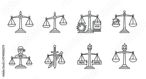 Hand drawn scales of justice icons legal symbol law balance courtroom symbolism concept vector