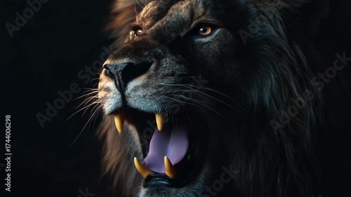 A majestic black lion roaring in darkness, symbolizing power, courage, and dominance with an intense dramatic atmosphere.