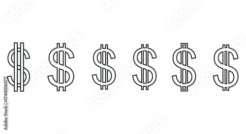 Six hand drawn dollar signs in a row with a sketchy textured look vector