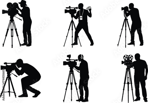 Camera operator silhouettes, video production vector, tripod filming, clapperboard action, vintage film camera, cinematography crew, audio monitoring, filmmaking illustration