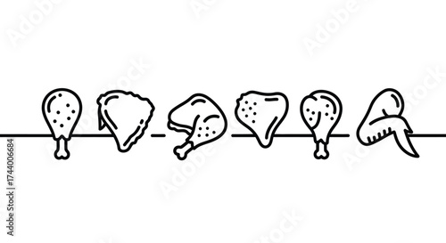 Artistic hand drawn line art collection of various chicken cuts for culinary designs vector