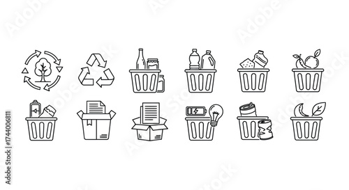 Hand drawn recycling icons representing waste sorting and environmental protection concepts vector